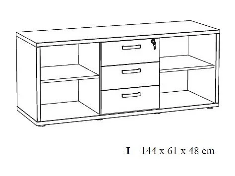 Buffet bas de rangement pour bureau 4 niches et 3 tiroirs coloris chêne clair et noir