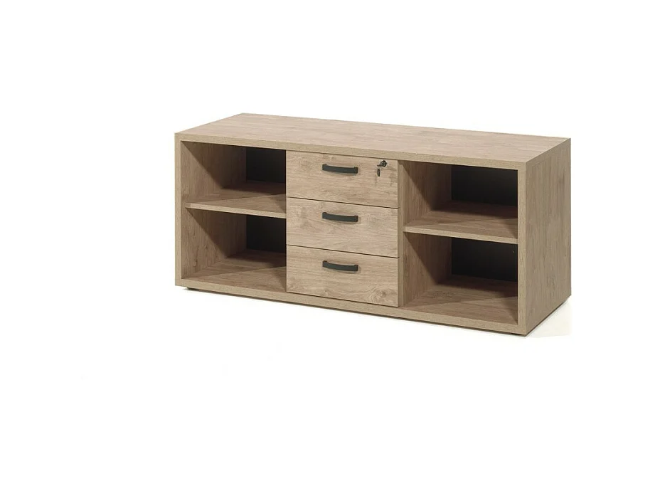 Buffet bas de rangement pour bureau 4 niches et 3 tiroirs coloris chêne doré collection DEPÉ