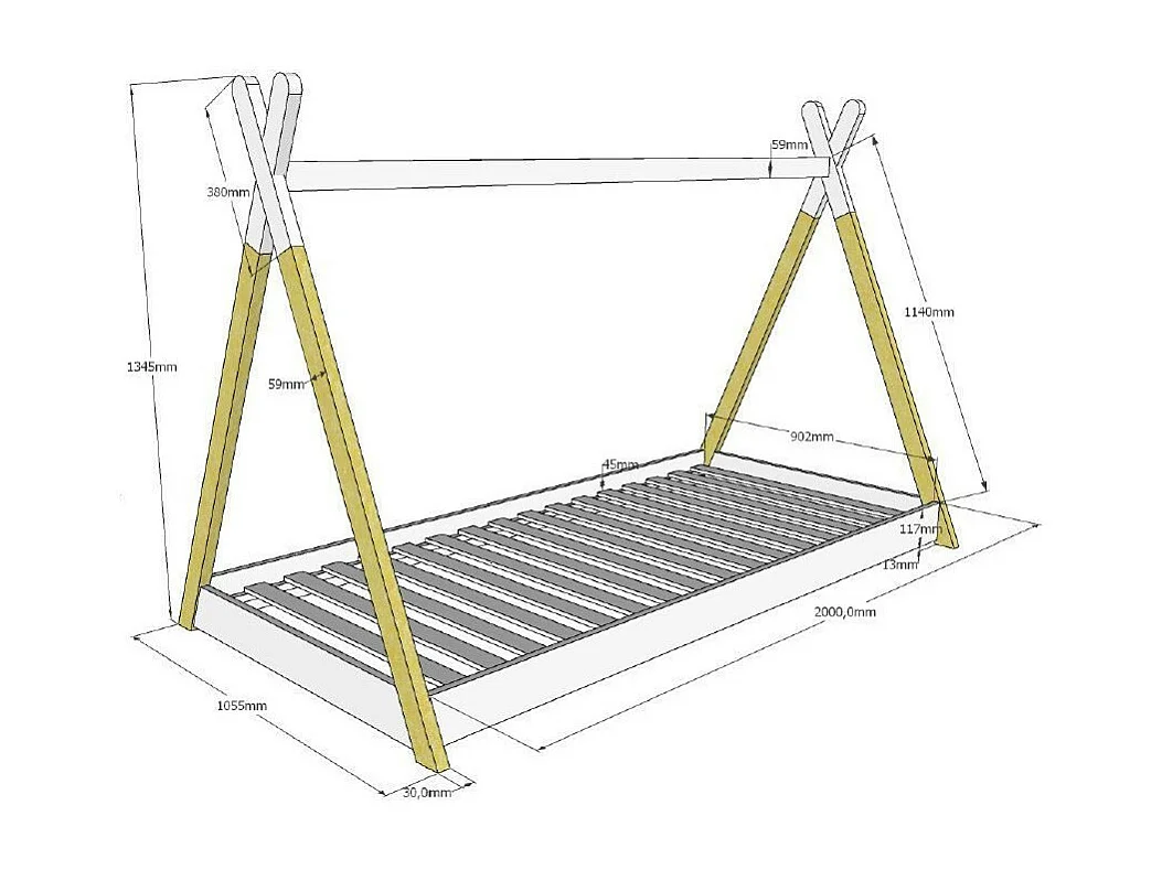Lit Enfant & Matelas "Tipi" 90x200cm Blanc