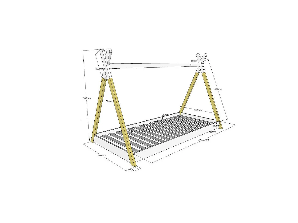 Lit Enfant & Matelas "Tipi" 90x200cm Blanc