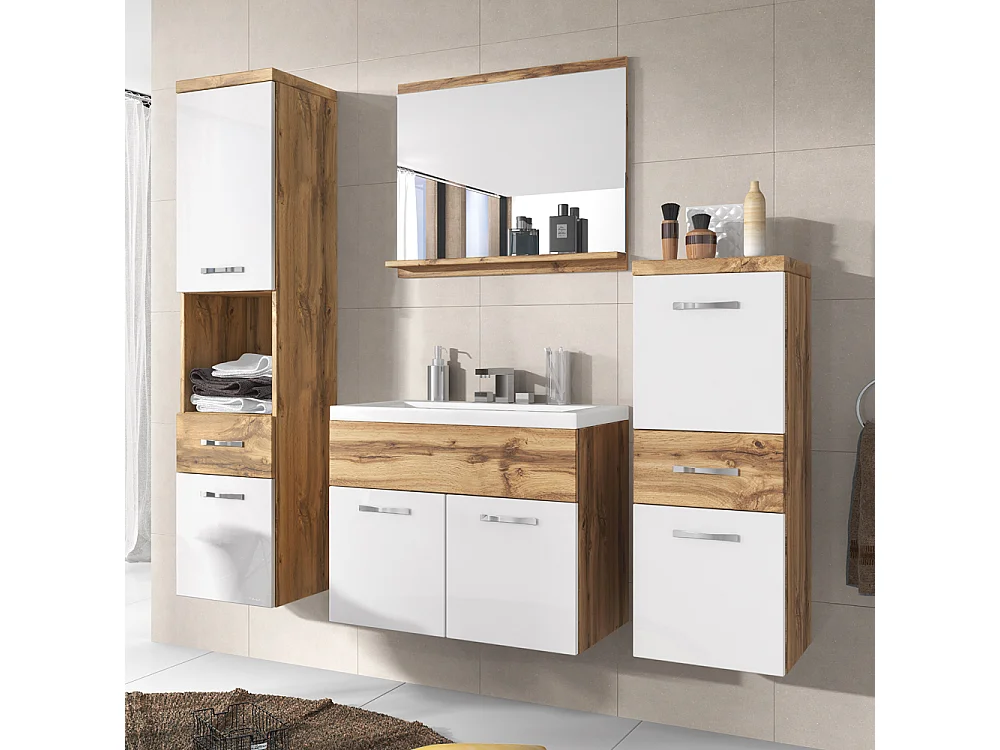 Badkamermeubelset - Wotan Eiken / Glanzend Wit - KINSONIN
