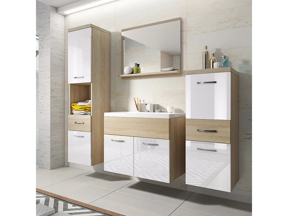 Ensemble de meubles de salle de bain - Chêne Sonoma / Blanc Brillant - KINSONIN