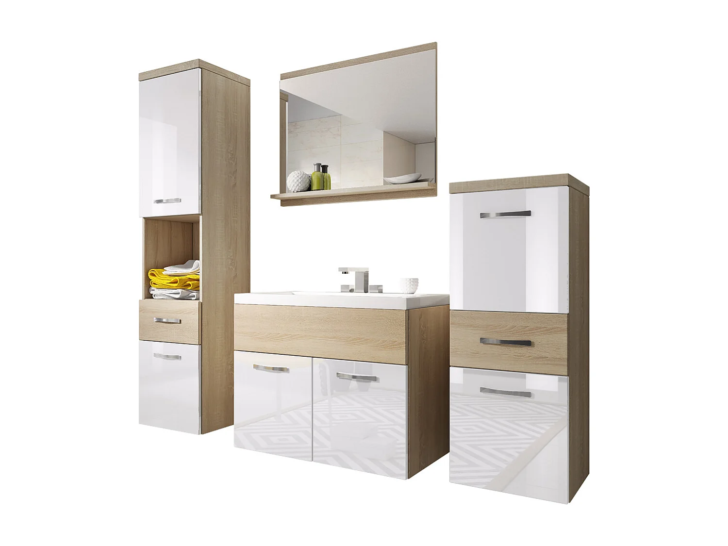 Ensemble de meubles de salle de bain - Chêne Sonoma / Blanc Brillant - KINSONIN