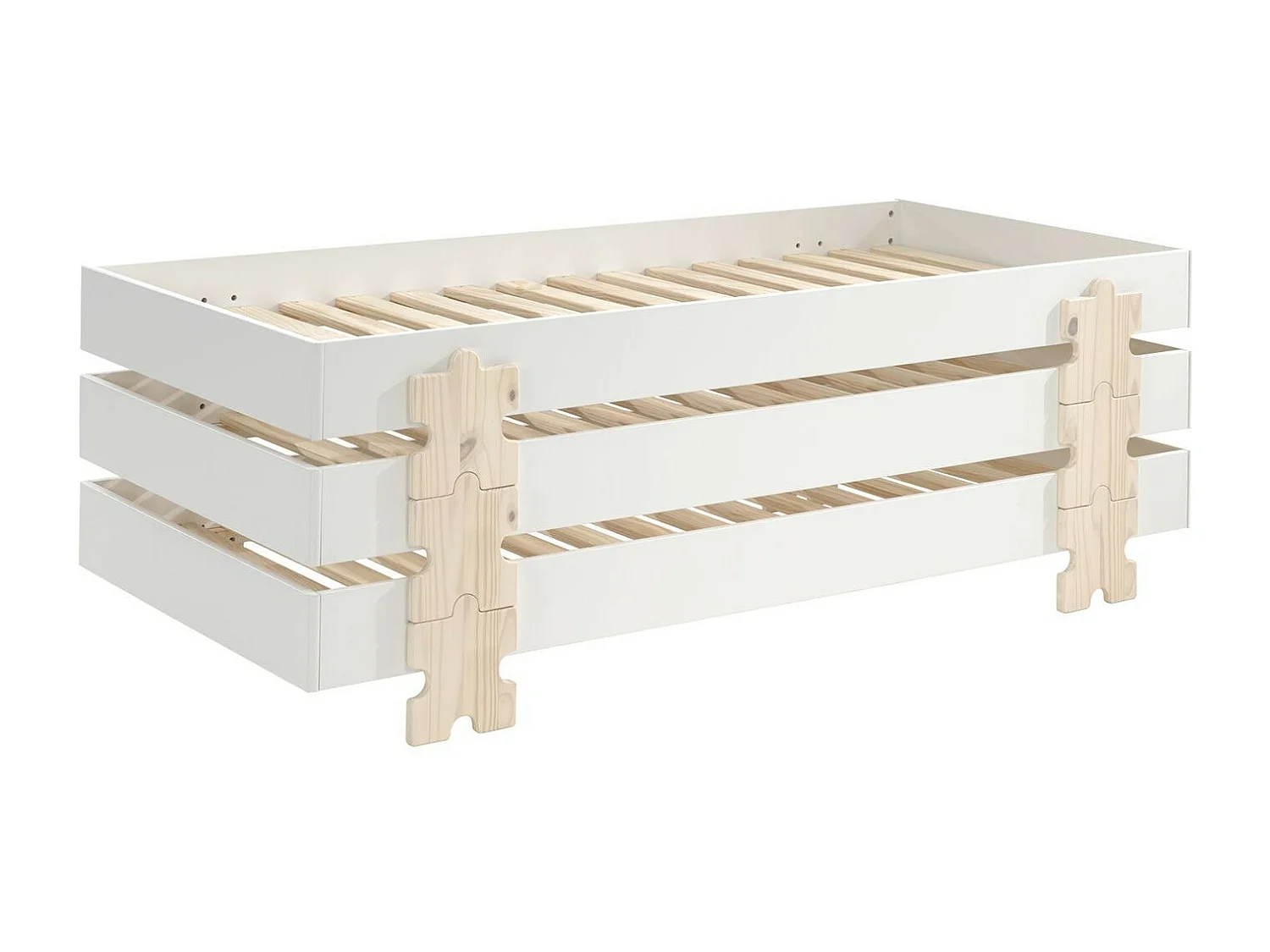 Pack de 4 camas apilables de pino macizo blanco y madera clara Valentino 90x200 cm