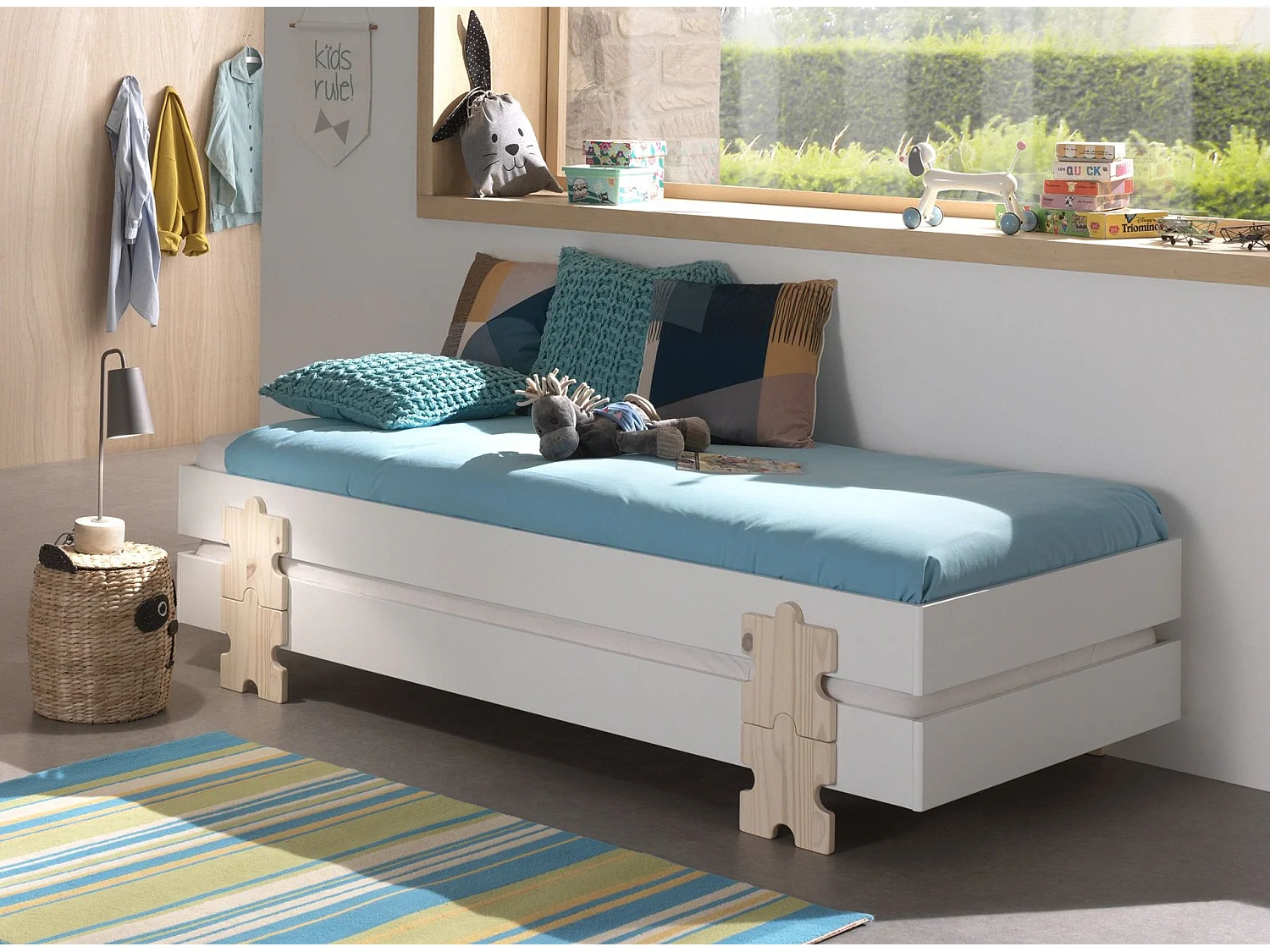 Pack de 4 camas apilables de pino macizo blanco y madera clara Valentino 90x200 cm