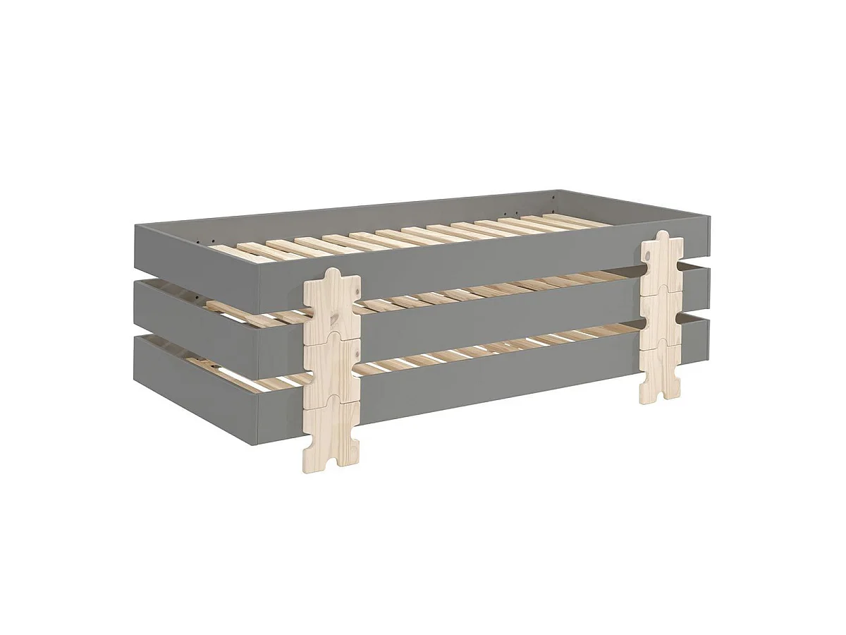 Set van 4 stapelbare bedden in massief grijs grenen en licht hout Valentino 90x200 cm