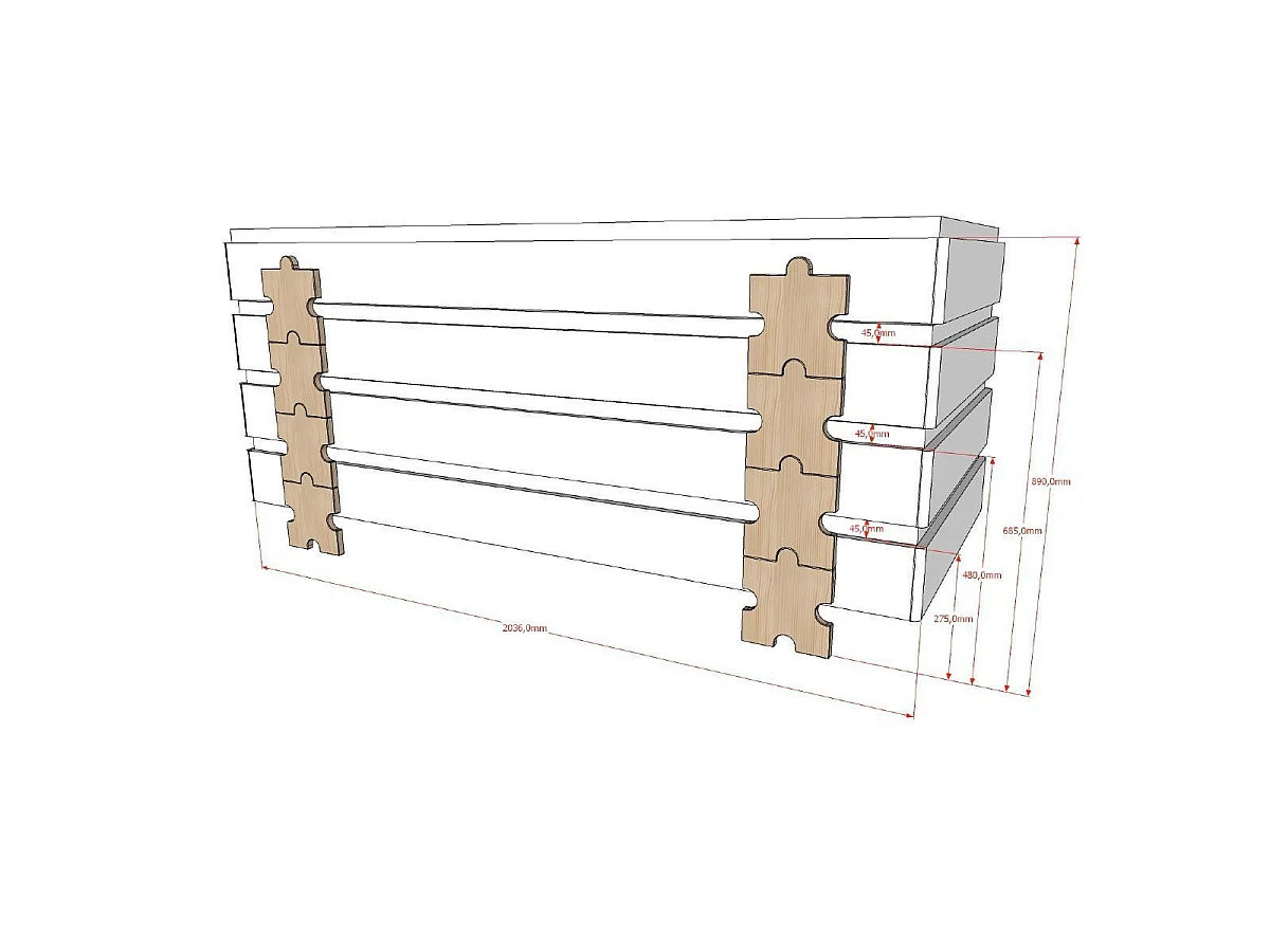 Set van 4 stapelbare bedden in massief grijs grenen en licht hout Valentino 90x200 cm