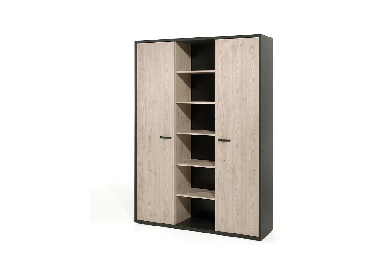Meuble haut de rangement pour bureau 2 portes et étagères coloris chêne clair et noir