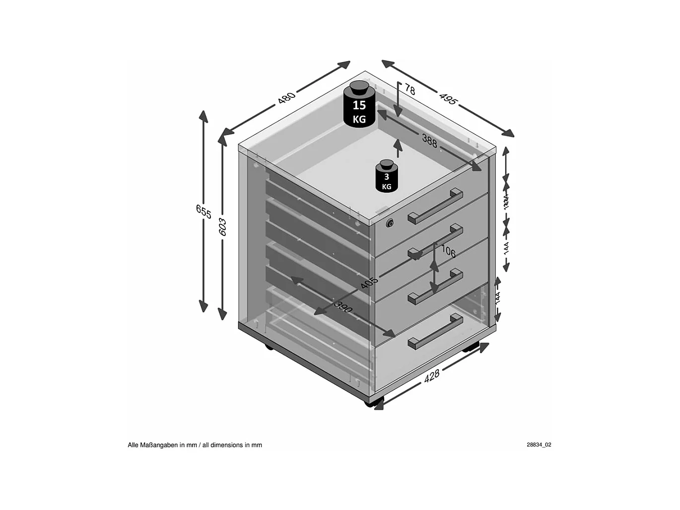 Caisson de Bureau 4 Tiroirs "Kazed" 65cm Chêne