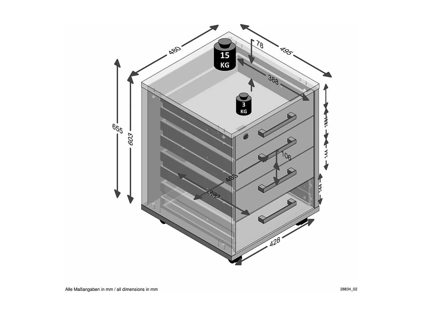 Caisson de Bureau 4 Tiroirs "Kazed" 65cm Chêne