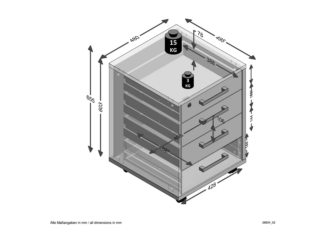 Caisson de Bureau 4 Tiroirs "Kazed" 65cm Chêne