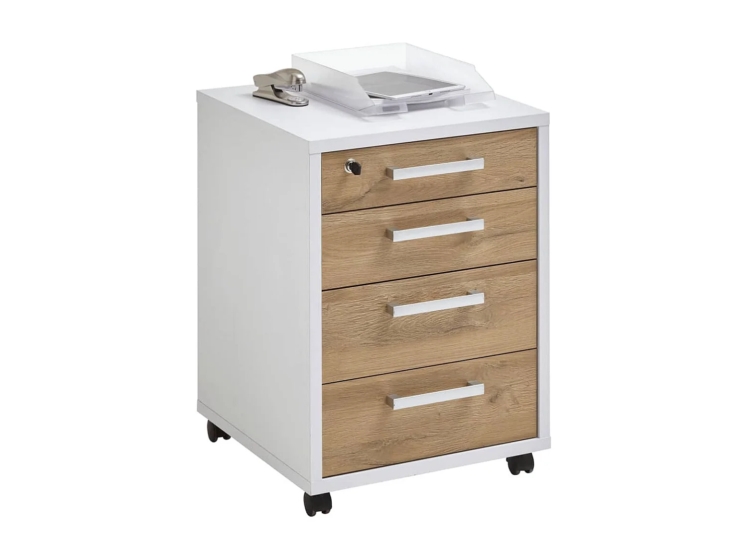 Caisson de Bureau 4 Tiroirs "Kazed" 65cm Blanc & Chêne
