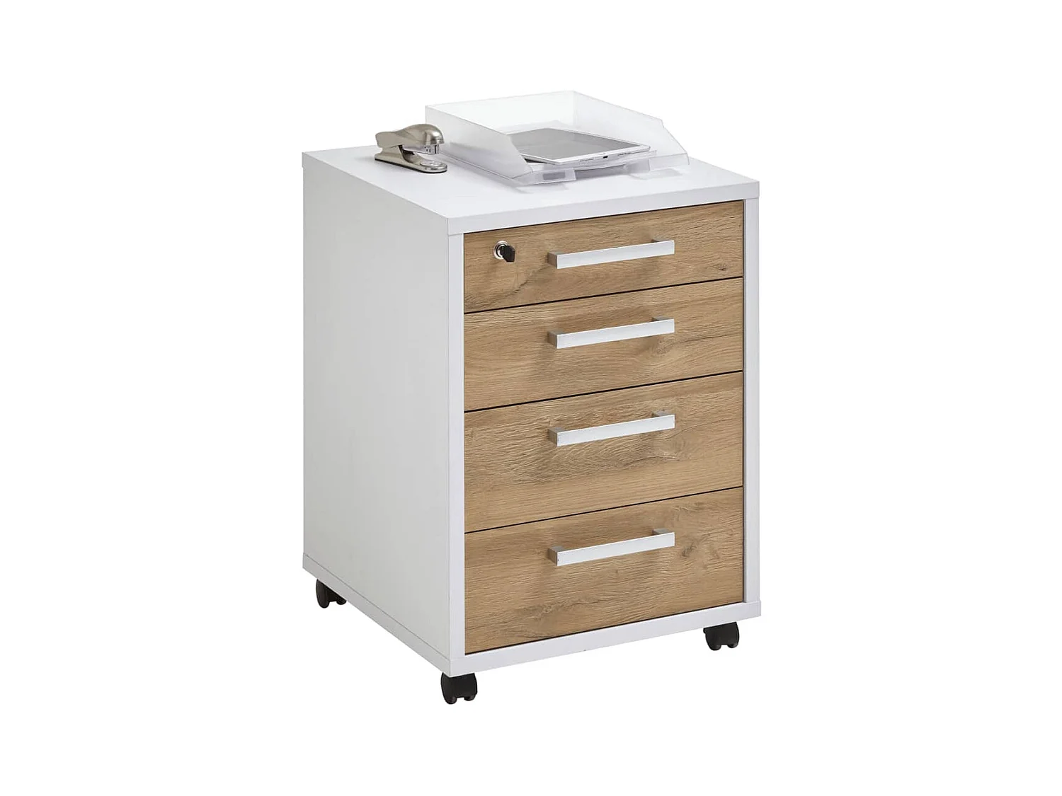 Caisson de Bureau 4 Tiroirs "Kazed" 65cm Blanc & Chêne