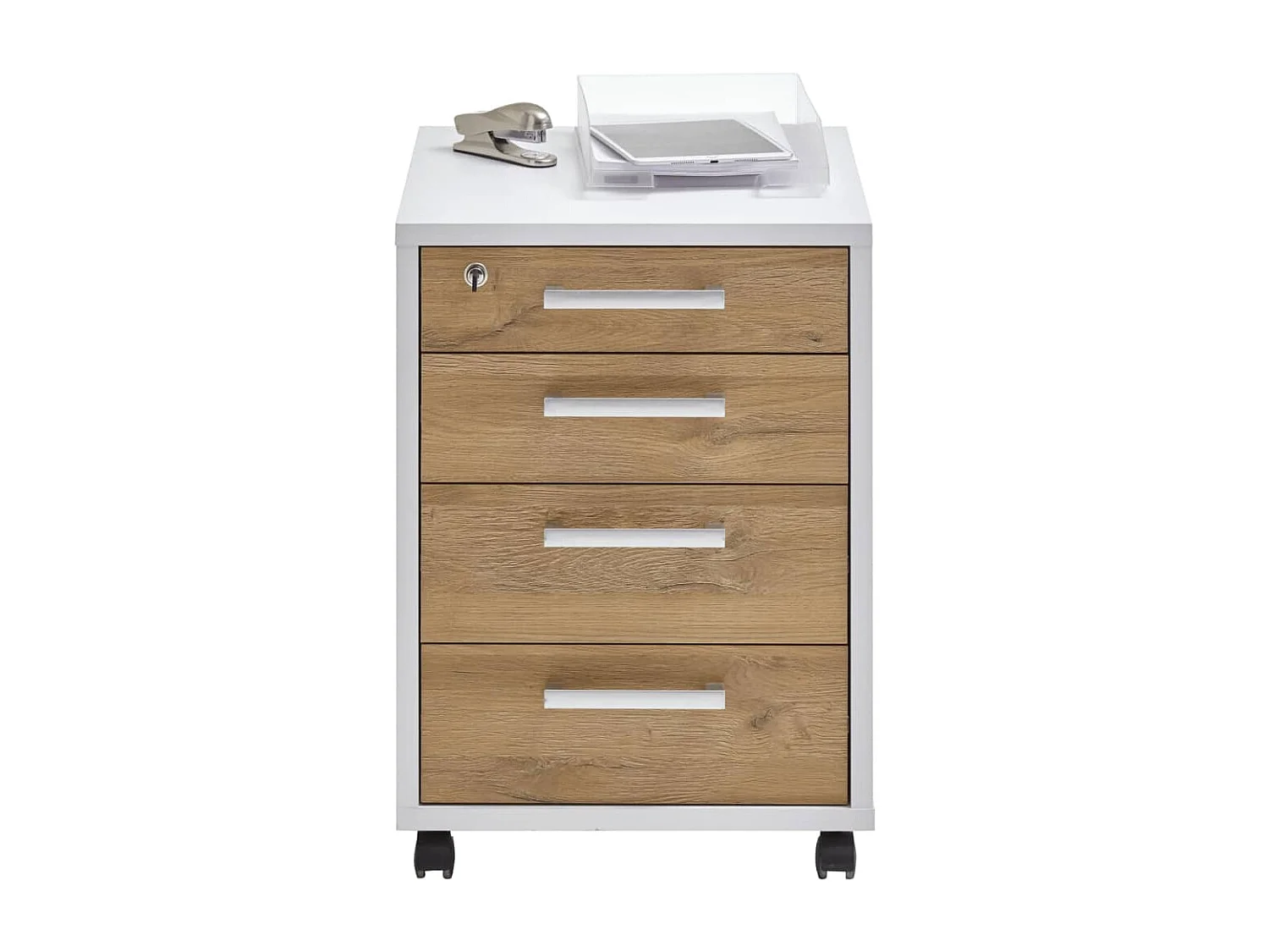Caisson de Bureau 4 Tiroirs "Kazed" 65cm Blanc & Chêne