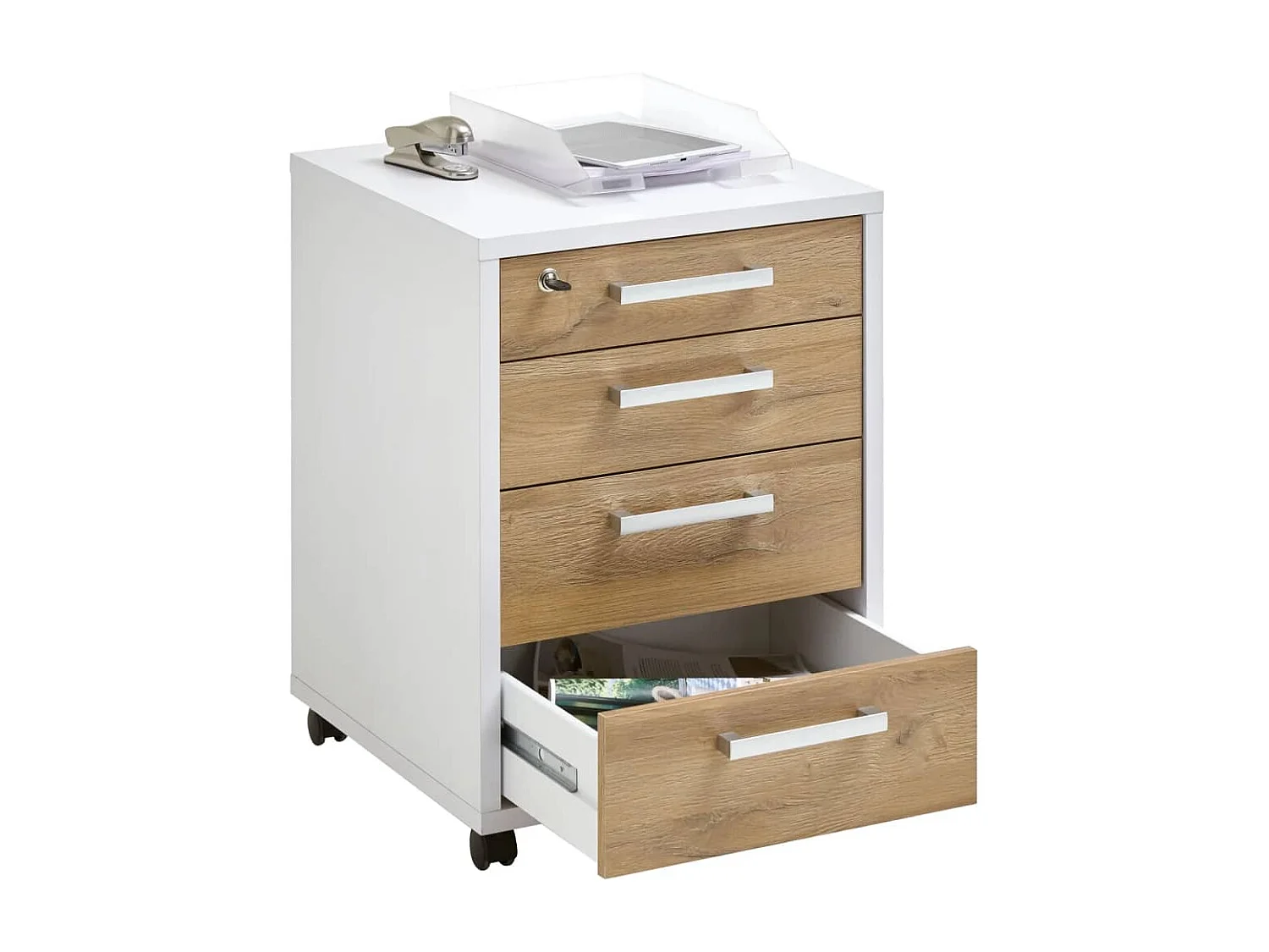 Caisson de Bureau 4 Tiroirs "Kazed" 65cm Blanc & Chêne