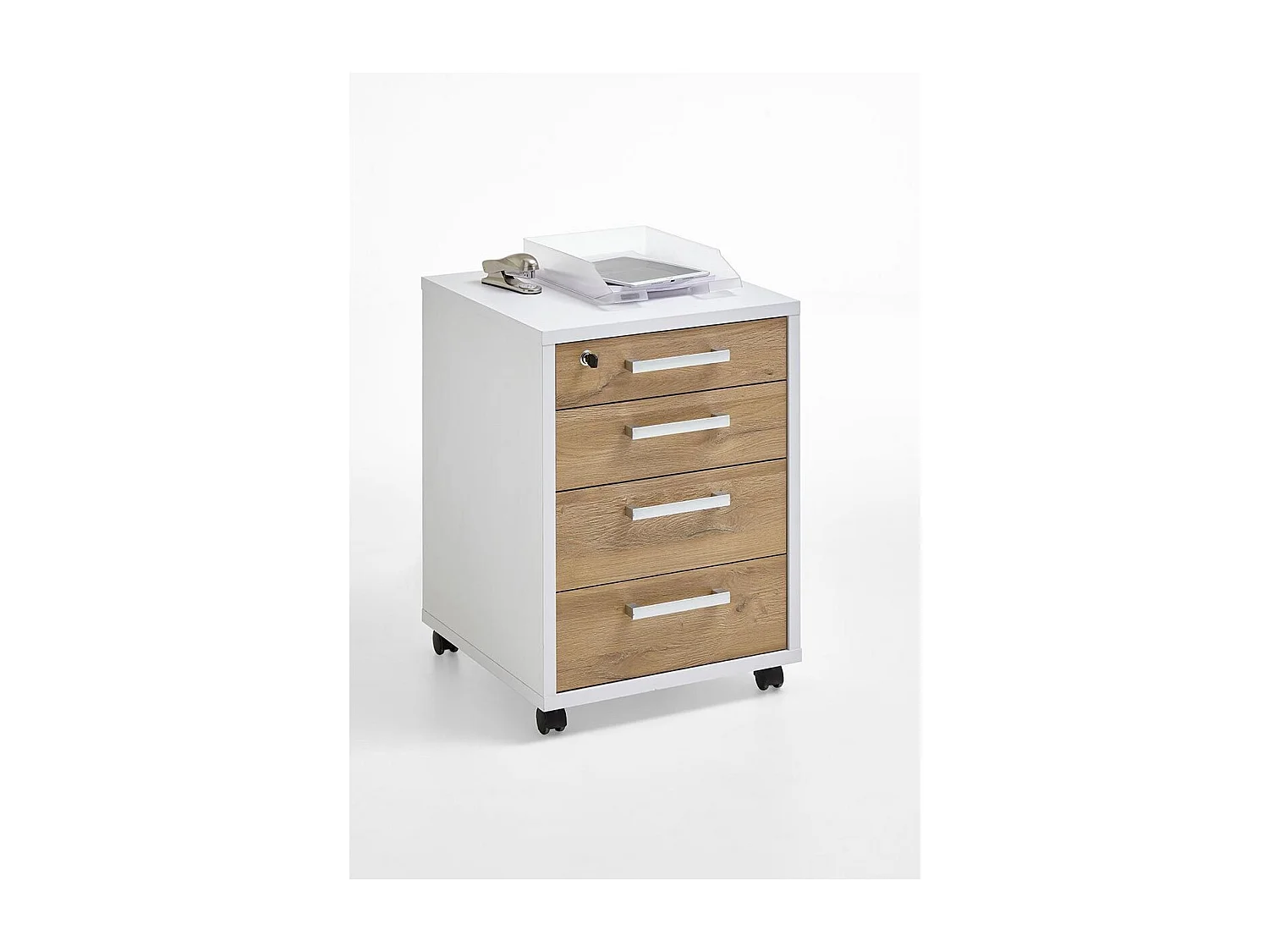 Caisson de Bureau 4 Tiroirs "Kazed" 65cm Blanc & Chêne