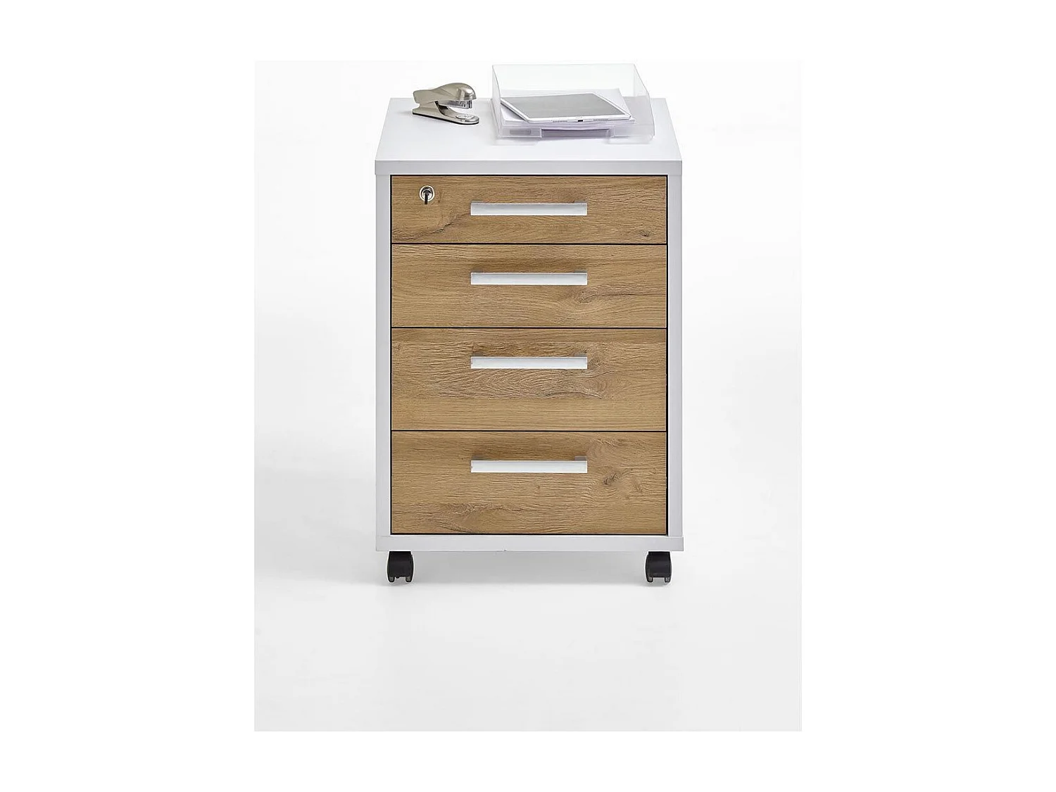 Caisson de Bureau 4 Tiroirs "Kazed" 65cm Blanc & Chêne