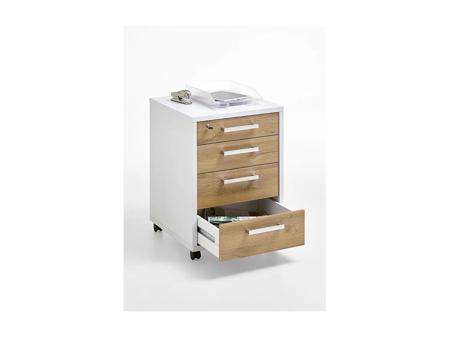 Caisson de Bureau 4 Tiroirs "Kazed" 65cm Blanc & Chêne
