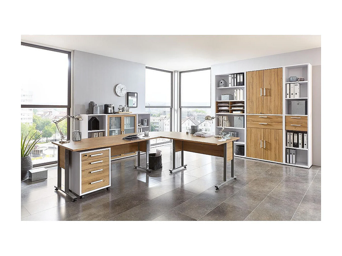 Caisson de Bureau 4 Tiroirs "Kazed" 65cm Blanc & Chêne