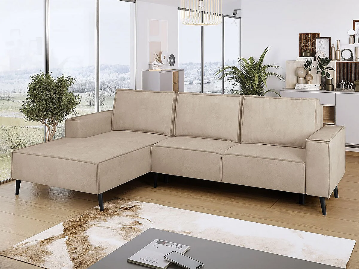 Canapé d'angle convertible avec coffre "Motelos" - 3 places - Tissu - Beige