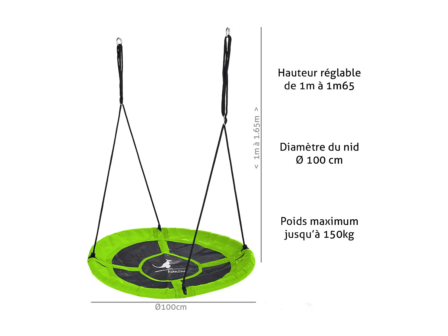 KANGUI - Balançoire ronde nid d'oiseau rond Ø100cm - Vert - Charge 150kg maxi