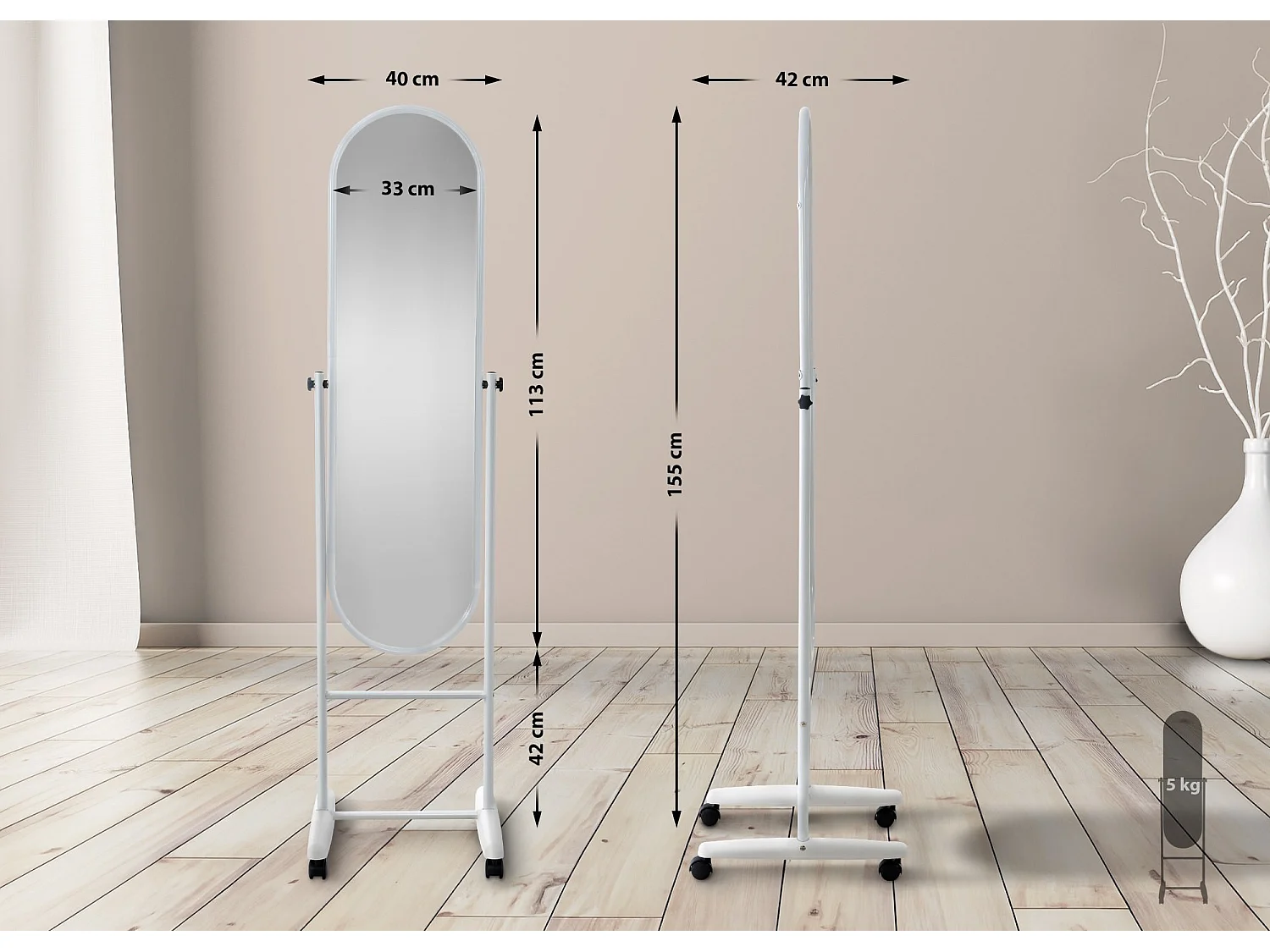 Miroir sur pieds - Métal - Blanc - Nane