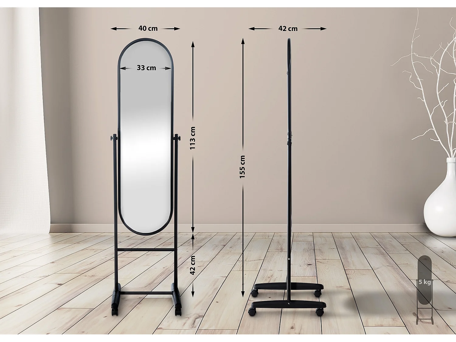 Miroir sur pieds - Métal - Noir - Nane