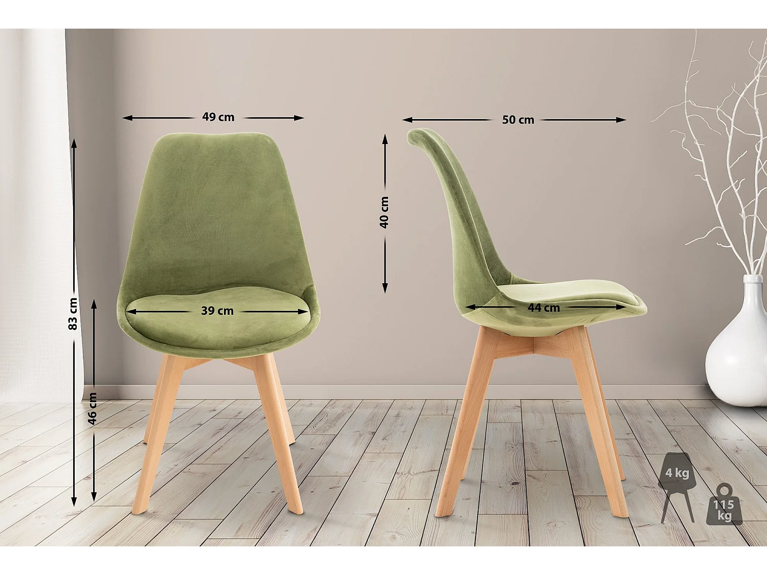 Lot de 4  chaise salle à manger - Velours - Vert clair - Linares