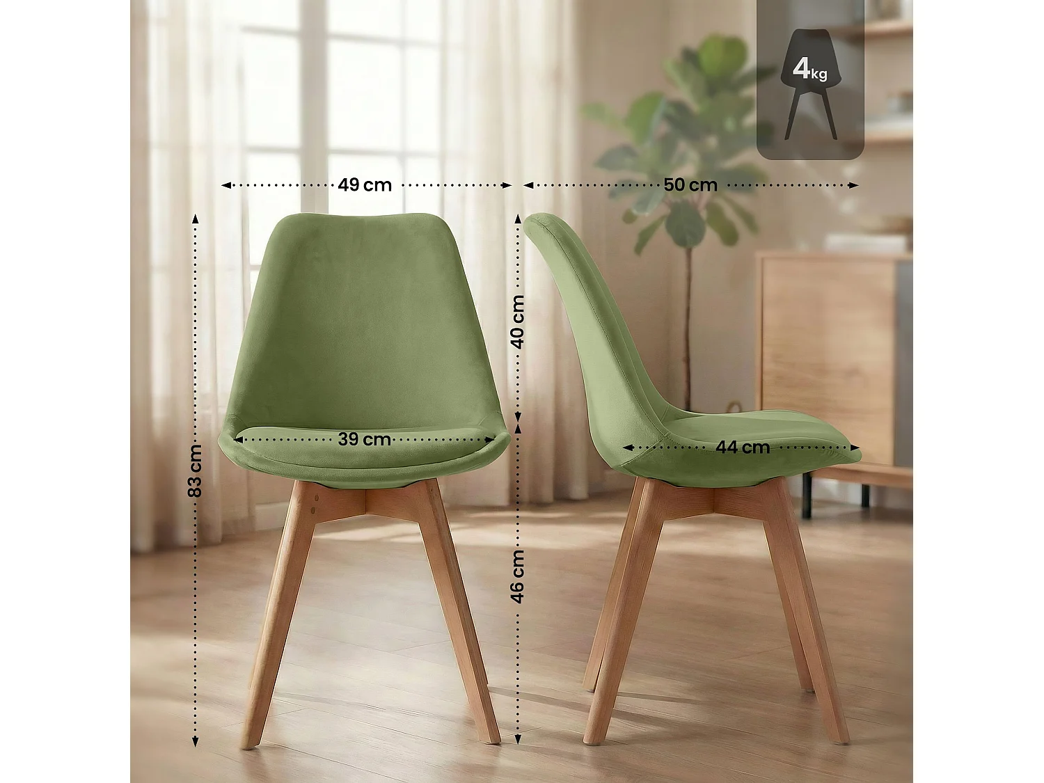 Lot de 4  chaise salle à manger - Velours - Vert clair - Linares