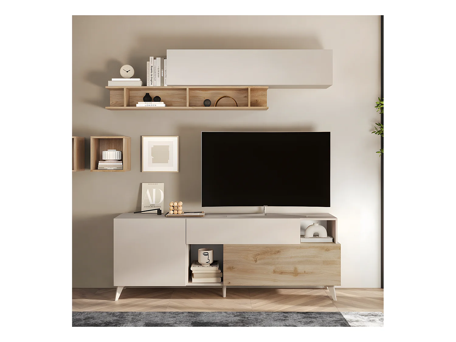 Meuble TV 180 cm Crème/Chêne naturel - PORTOFINO