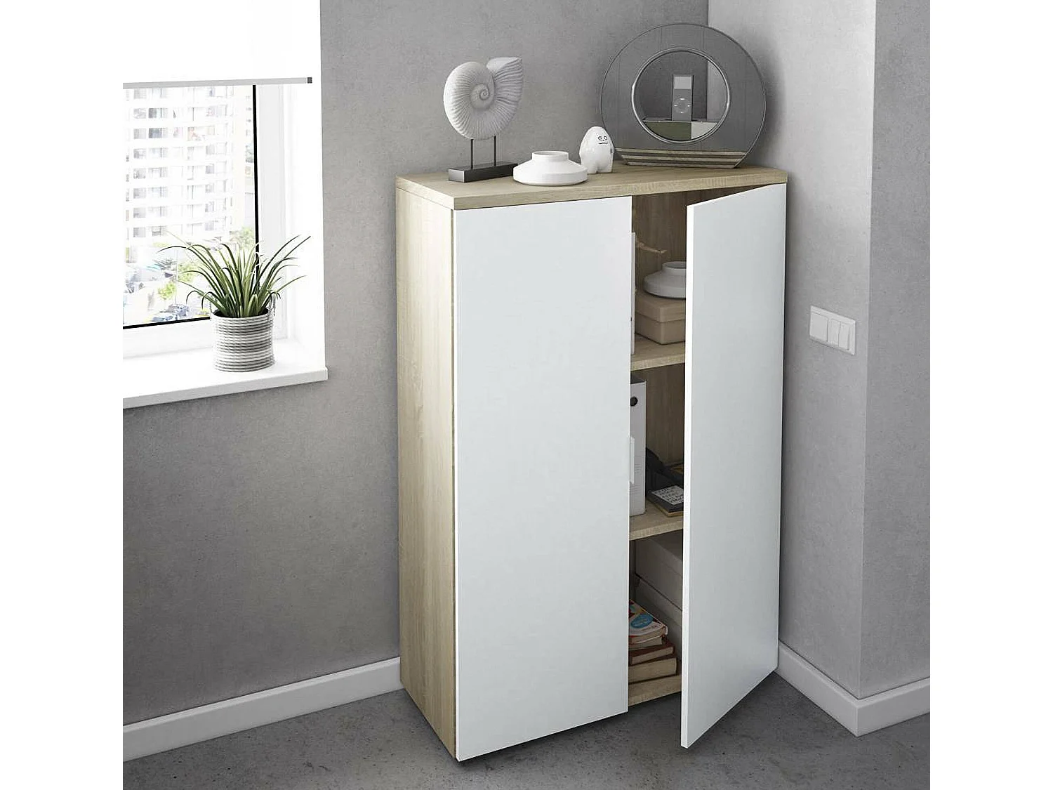 Armoire polyvalente Dlupp, Armoire polyvalente avec 2 portes, Armoire à chaussures avec 3 étagères, Étagère à chaussures moderne, 80x33h119 cm, Chêne et Blanc