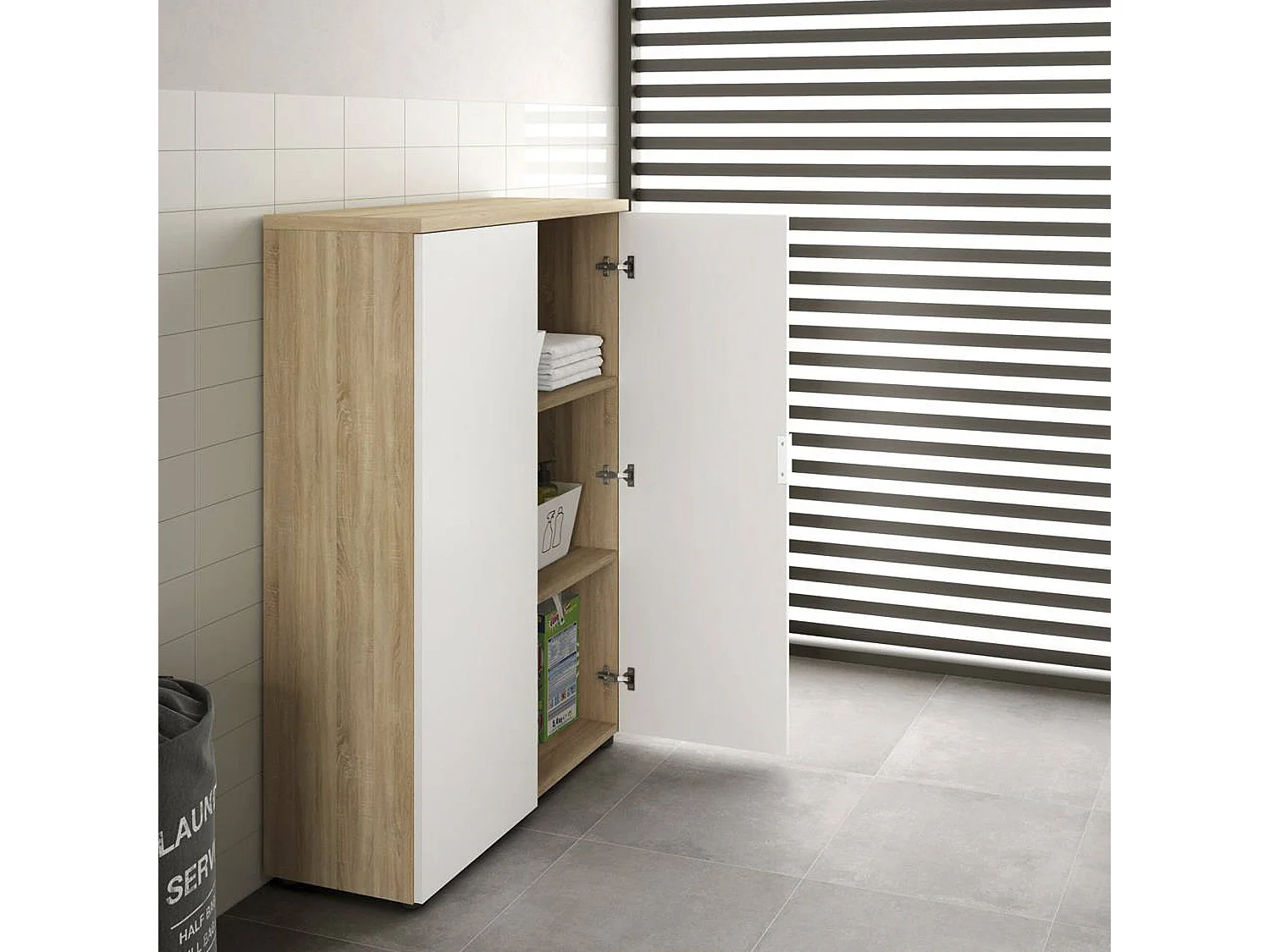 Armoire polyvalente Dlupp, Armoire polyvalente avec 2 portes, Armoire à chaussures avec 3 étagères, Étagère à chaussures moderne, 80x33h119 cm, Chêne et Blanc