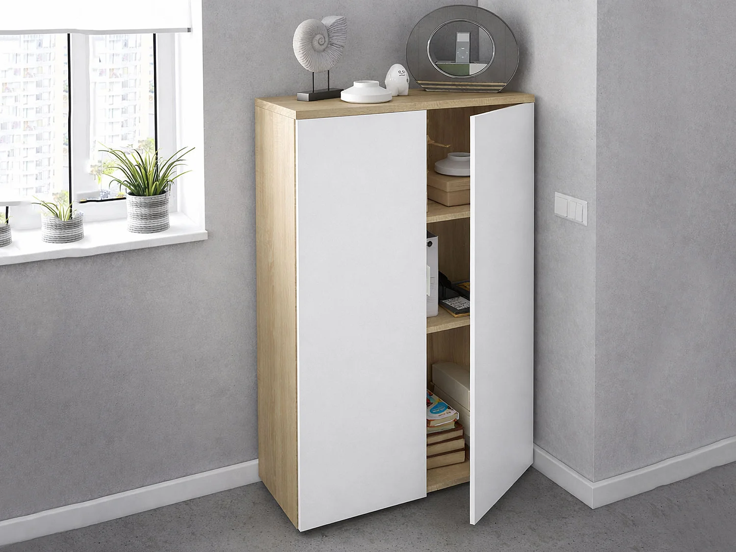 Armario multifunción Dlupp, Armario multiusos con 2 puertas, Zapatero con 3 baldas, zapatero moderno, 80x33h119 cm, Roble y Blanco
