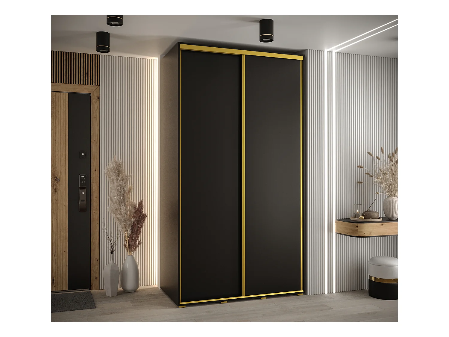 ARMOIRE DAVOS 1 À PORTES COULISSANTES 235,2/140/45 2 portes (Noir/Noir/Argent)