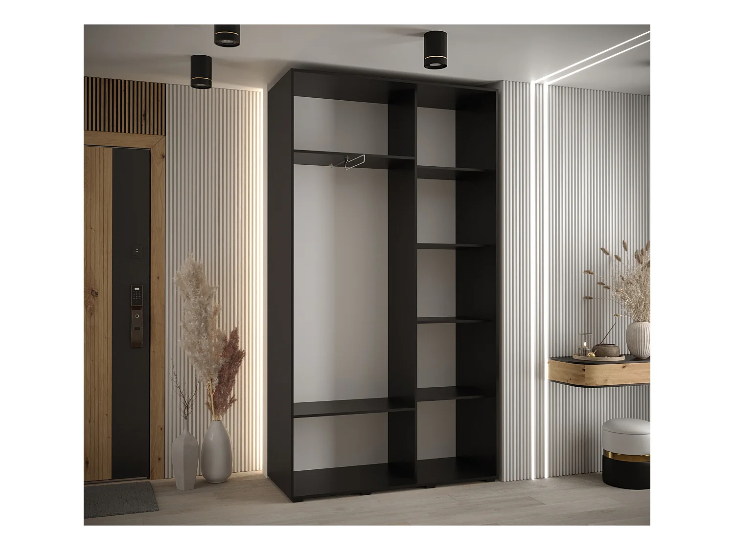 ARMOIRE DAVOS 1 À PORTES COULISSANTES 235,2/140/45 2 portes (Noir/Noir/Argent)