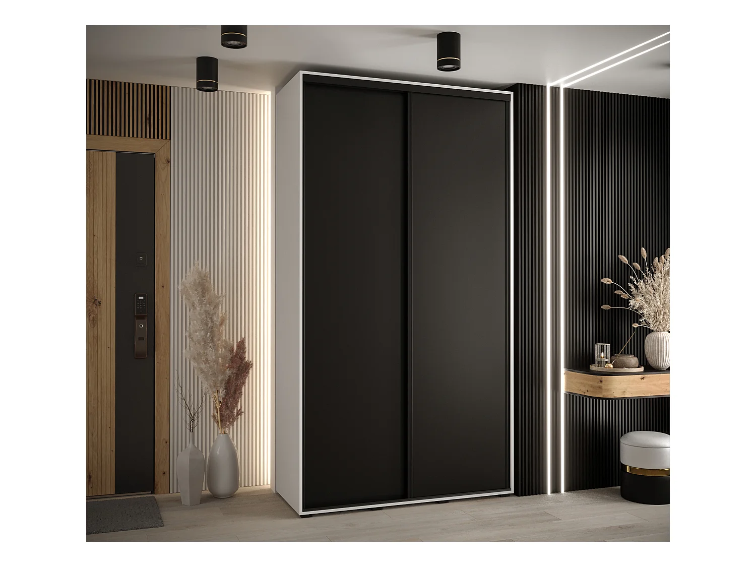 ARMOIRE DAVOS 1 À PORTES COULISSANTES 235,2/140/45 2 portes (Blanc/Noir/Noir)