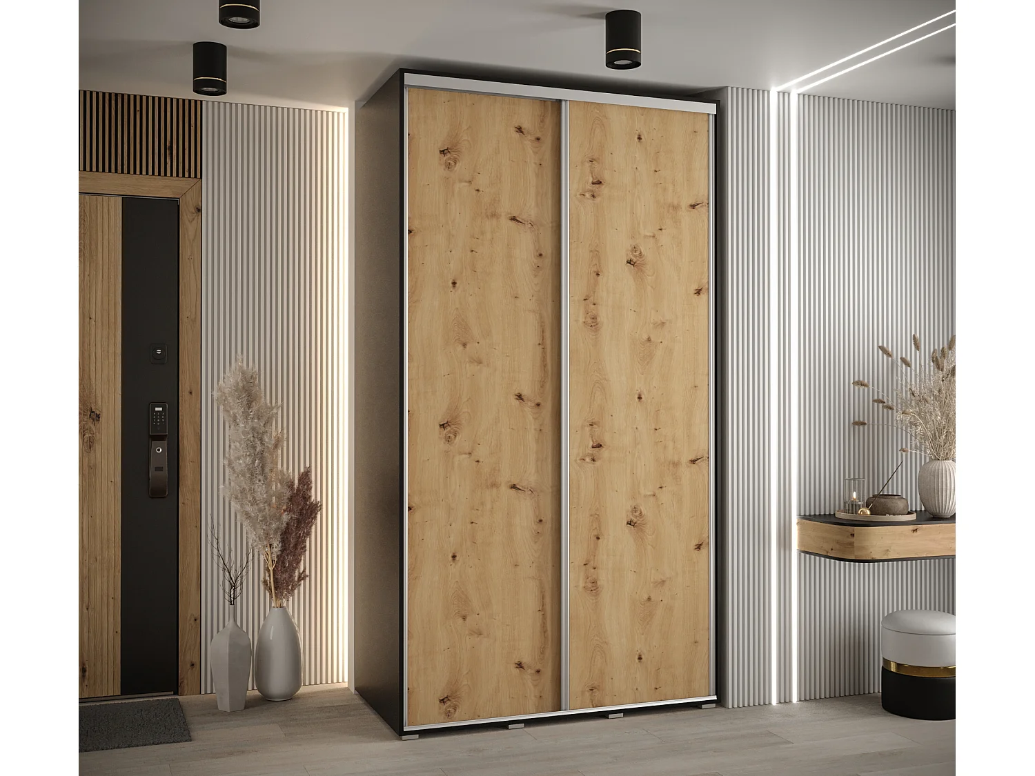 ARMOIRE DAVOS 1 À PORTES COULISSANTES 235,2/140/45 2 portes (Noir/Artisan/Argent)