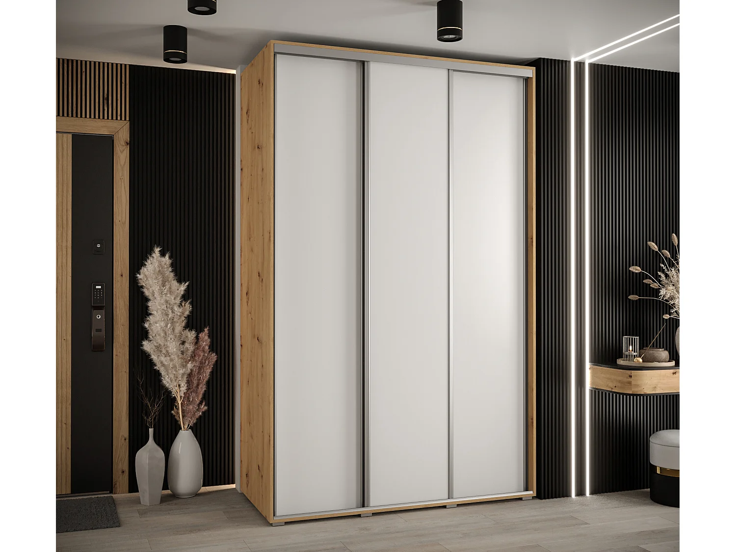 ARMOIRE DAVOS 1 À PORTES COULISSANTES 235,2/150/45 3 portes (Artisan/Blanc/Argent)