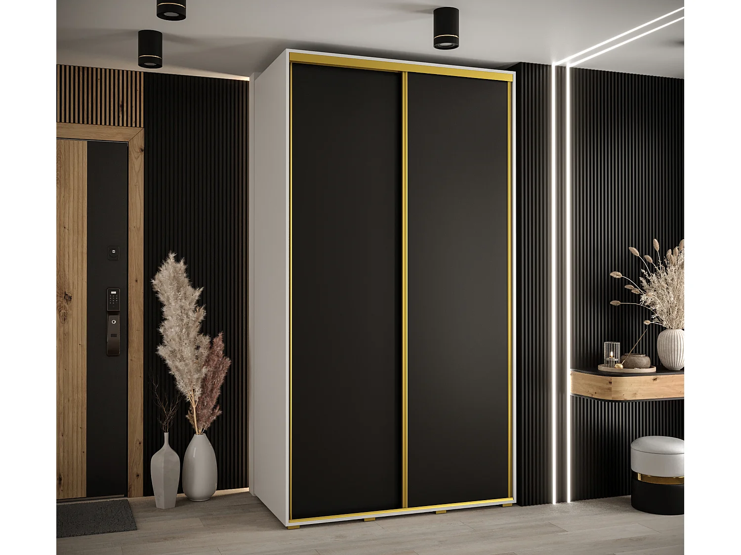 DAVOS 1 KLEDINGKAST MET SCHUIFDEUREN 235,2/130/60 2 deuren (Wit/Zwart/Goud)