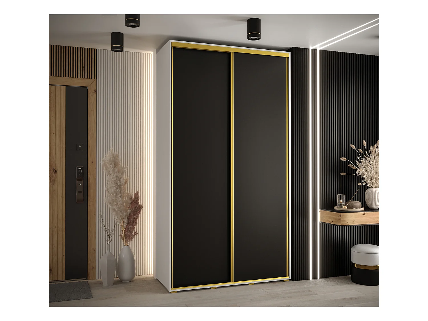 ARMOIRE DAVOS 1 À PORTES COULISSANTES 235,2/130/45 2 portes (Blanc/Noir/Or)