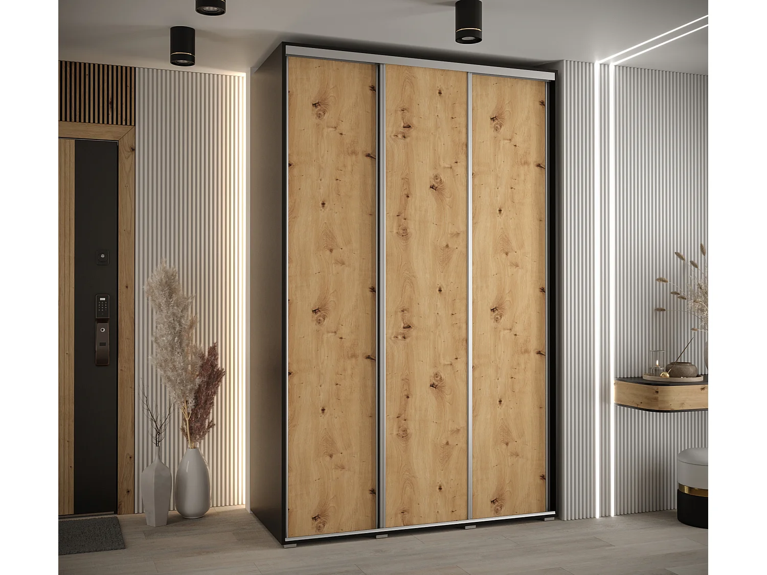 ARMOIRE DAVOS 1 À PORTES COULISSANTES 235,2/150/45 3 portes (Noir/Artisan/Argent)