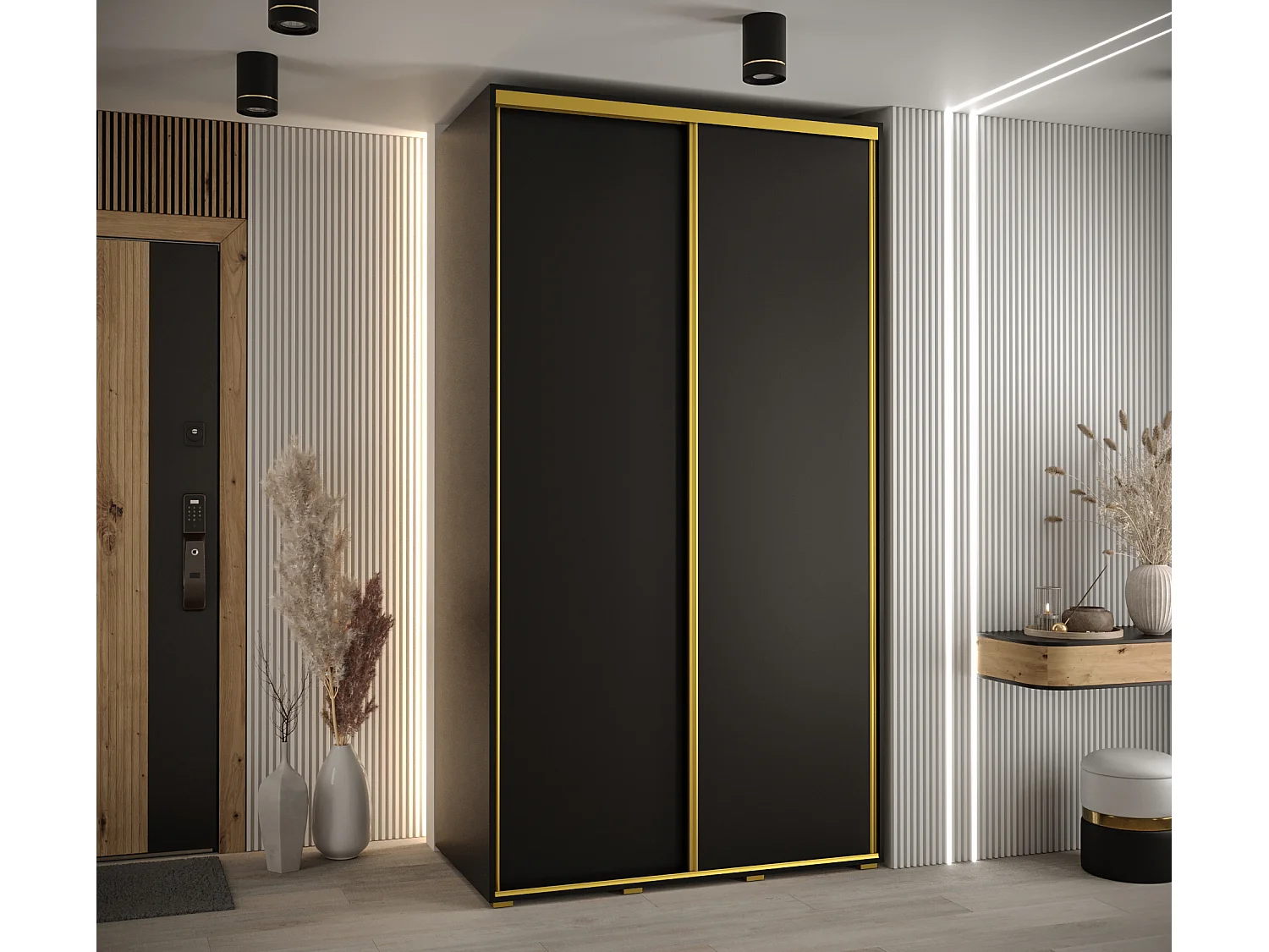 ARMOIRE DAVOS 1 À PORTES COULISSANTES 235,2/140/45 2 portes (Noir/Noir/Or)