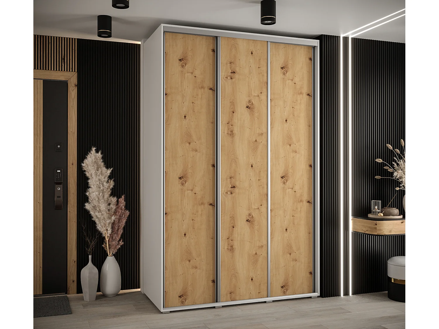 ARMOIRE DAVOS 1 À PORTES COULISSANTES 235,2/150/45 3 portes (Blanc/Artisan/Argent)