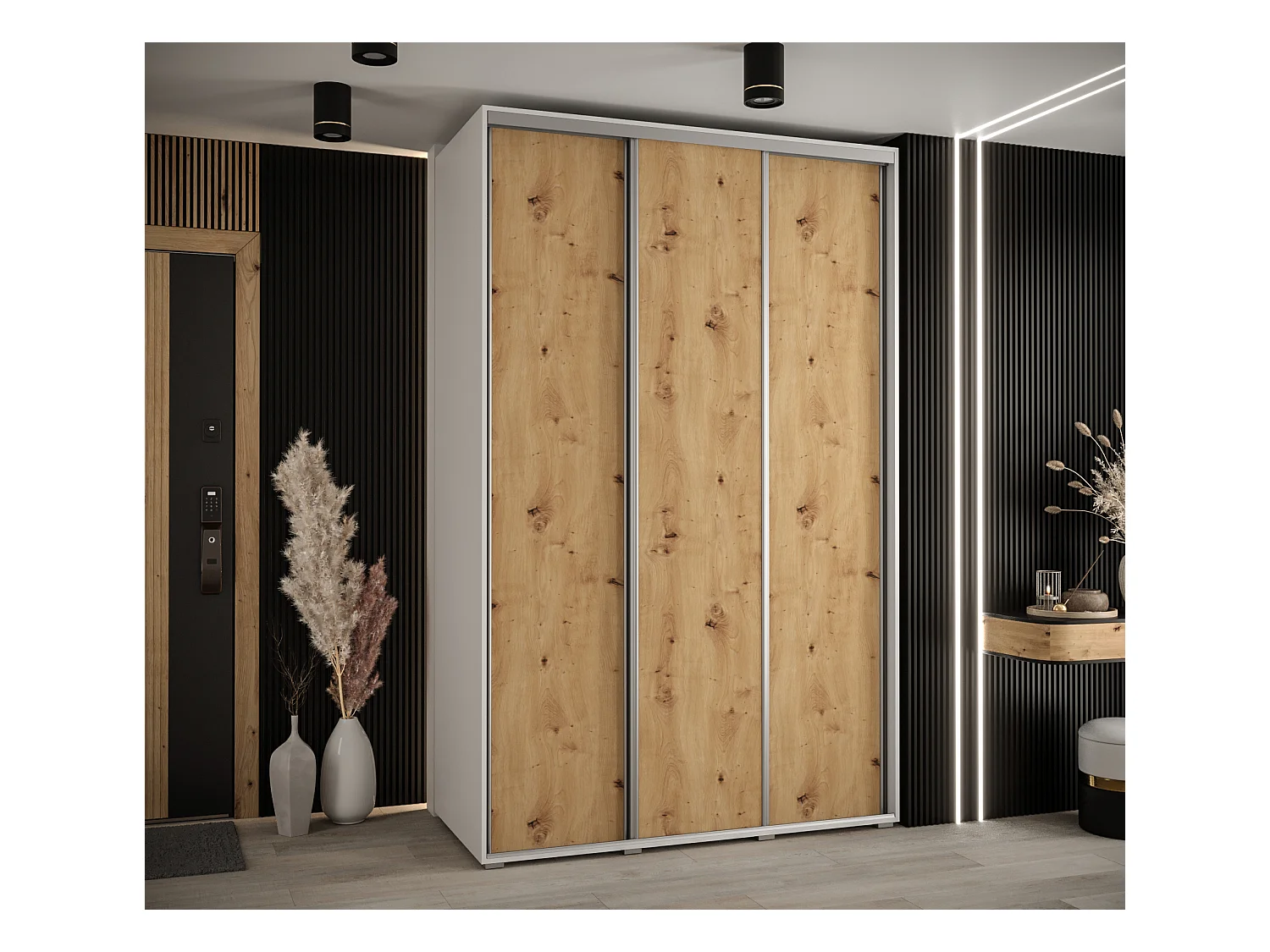 ARMOIRE DAVOS 1 À PORTES COULISSANTES 235,2/150/45 3 portes (Blanc/Artisan/Argent)