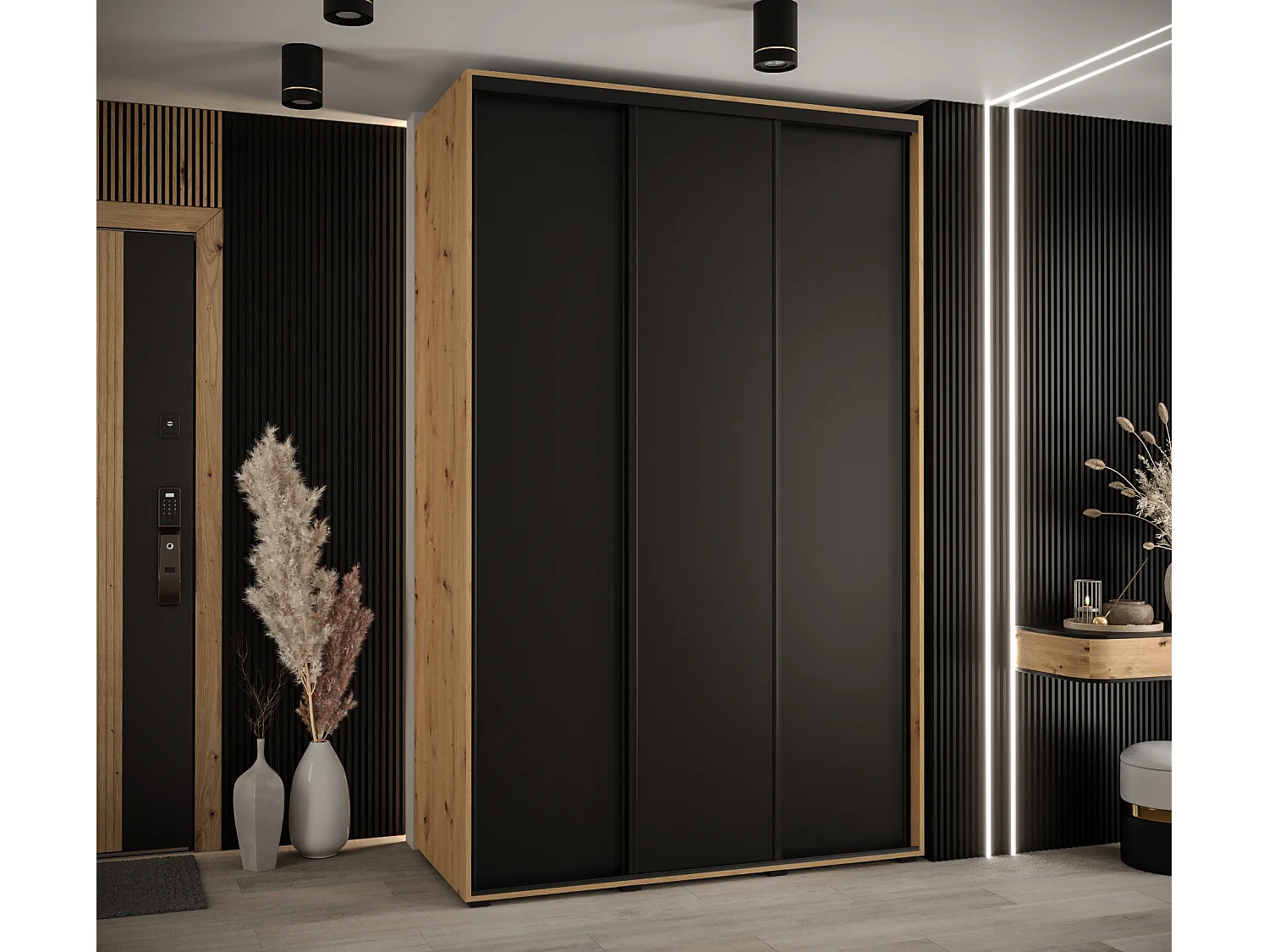 ARMOIRE DAVOS 1 À PORTES COULISSANTES 235,2/150/45 3 portes (Artisan/Noir/Noir)