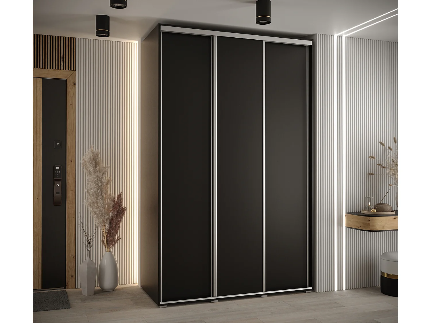 DAVOS 1 KLEDINGKAST MET SCHUIFDEUREN 235,2/150/45 3 deuren (Zwart/Zwart/Zilver)