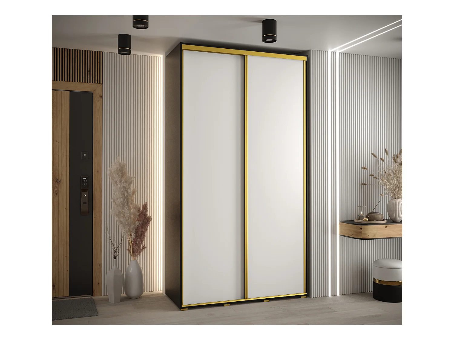 ARMOIRE DAVOS 1 À PORTES COULISSANTES 235,2/140/45 2 portes (Noir/Blanc/Or)