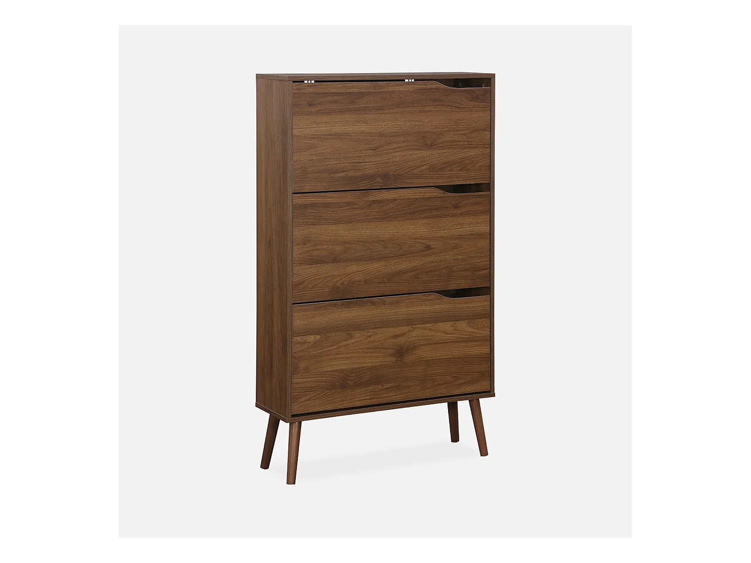 Meuble à chaussures scandinave décor noyer 3 portes abattantes capacité 18 paires de chaussures