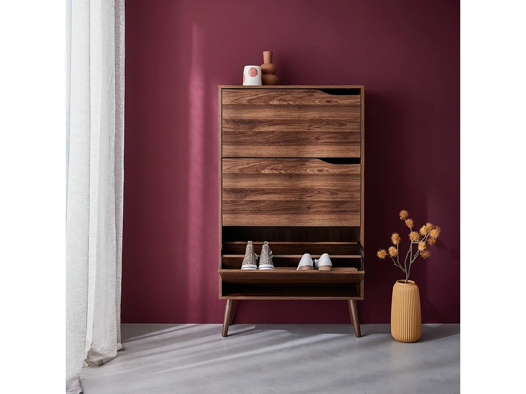 Meuble à chaussures scandinave décor noyer 3 portes abattantes capacité 18 paires de chaussures