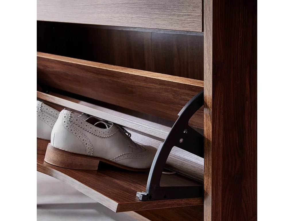 Meuble à chaussures scandinave décor noyer 3 portes abattantes capacité 18 paires de chaussures